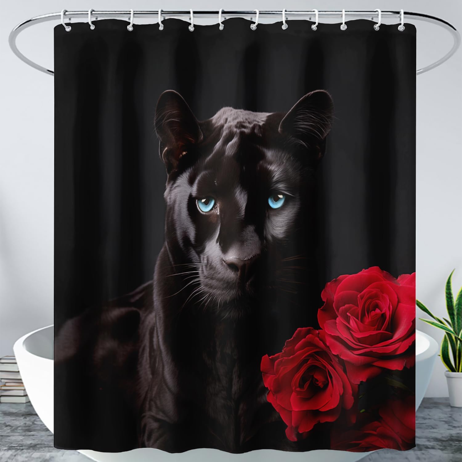 AILONEN 3D Black Panther Shower Curtain,Oil Red Rose Shower Curtain for Bathroom,Wild Animal Waterproof Fabric Shower Curtain Set for Girls Women, 72" W*72" H