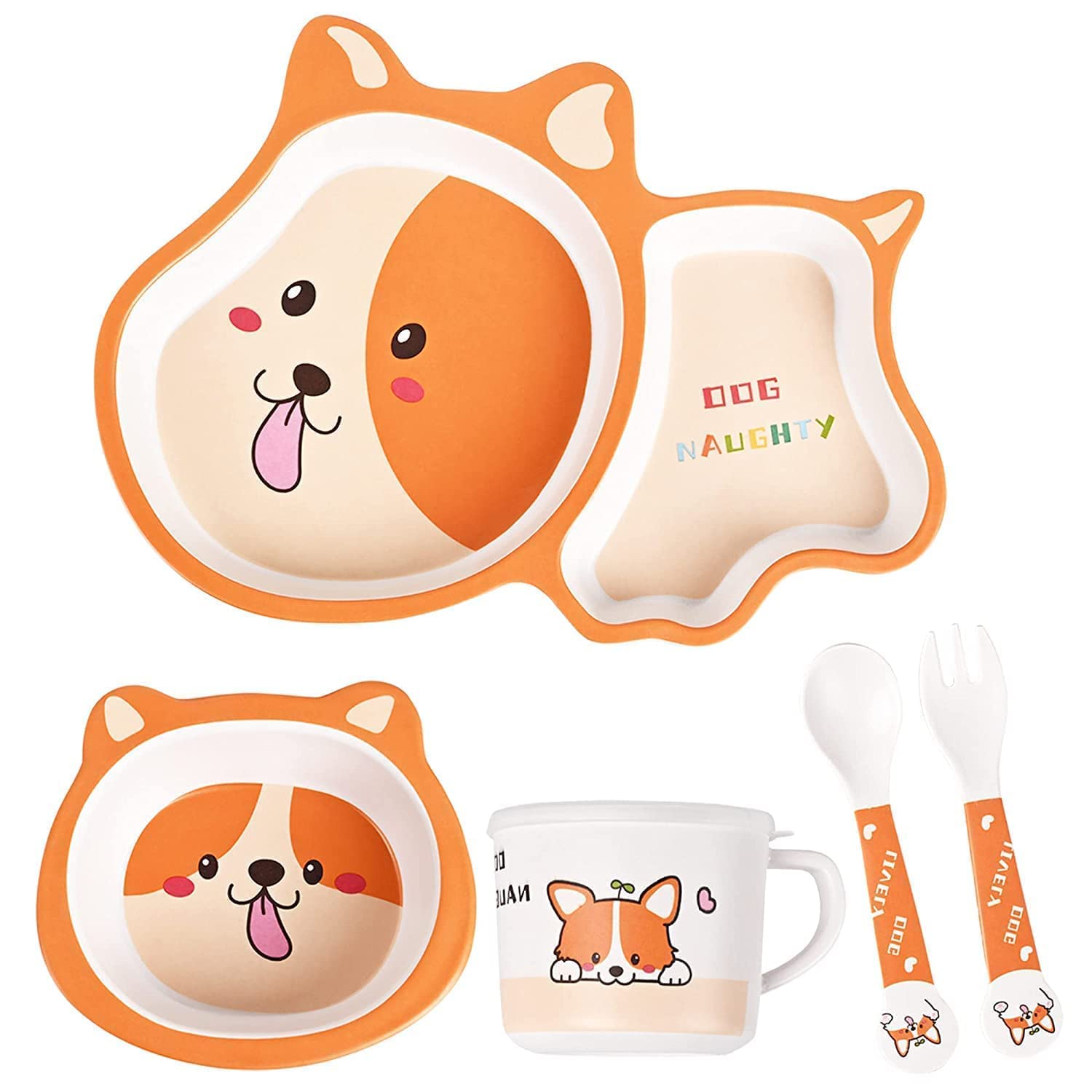 5 Piece Mealtime Bamboo Dinnerware for Kids-Toddler,Set of Plate-Bowl Cup and Spoon-Baby Feeding Utensils for Kids, Eco Friendly and Dishwasher Safe, Great Gift for Birthday (Dog)-image-20