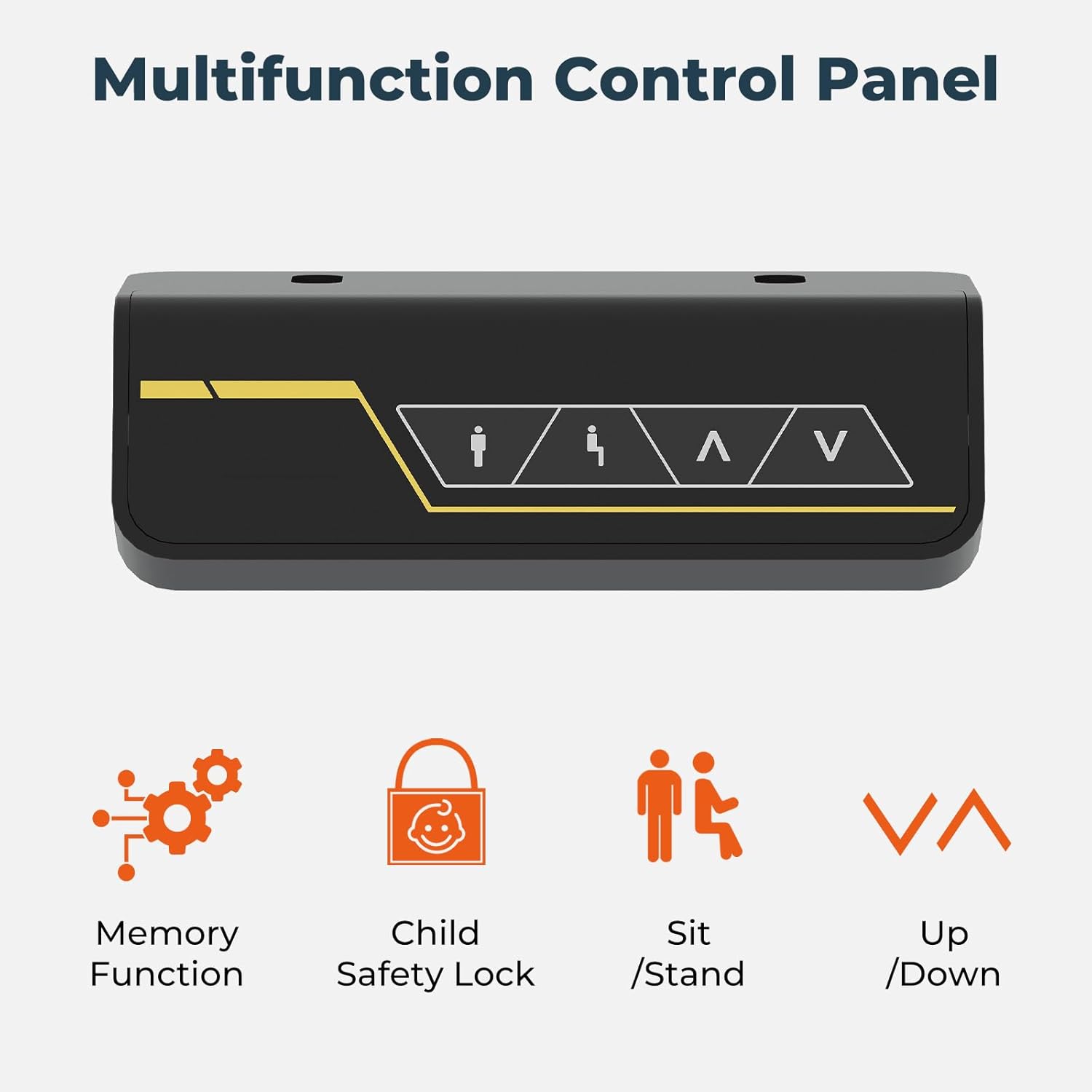Close-up of the FitStand FQ1 multifunction control panel with buttons for memory function, child safety lock, and height adjustment.