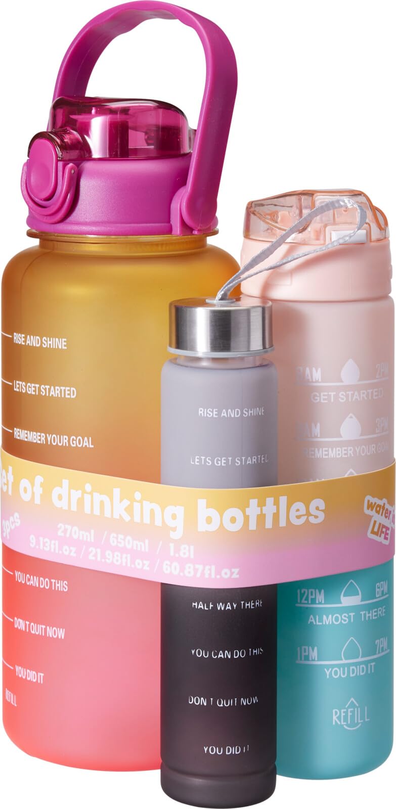 Abrus Gradient Pink, Orange, Teal Motivational Water Bottle With Time Markers, Large Capacity Sports Bottle, Gradient Colors, Hourly Reminders, Leak-Proof Lid, Daily Hydration Tracker