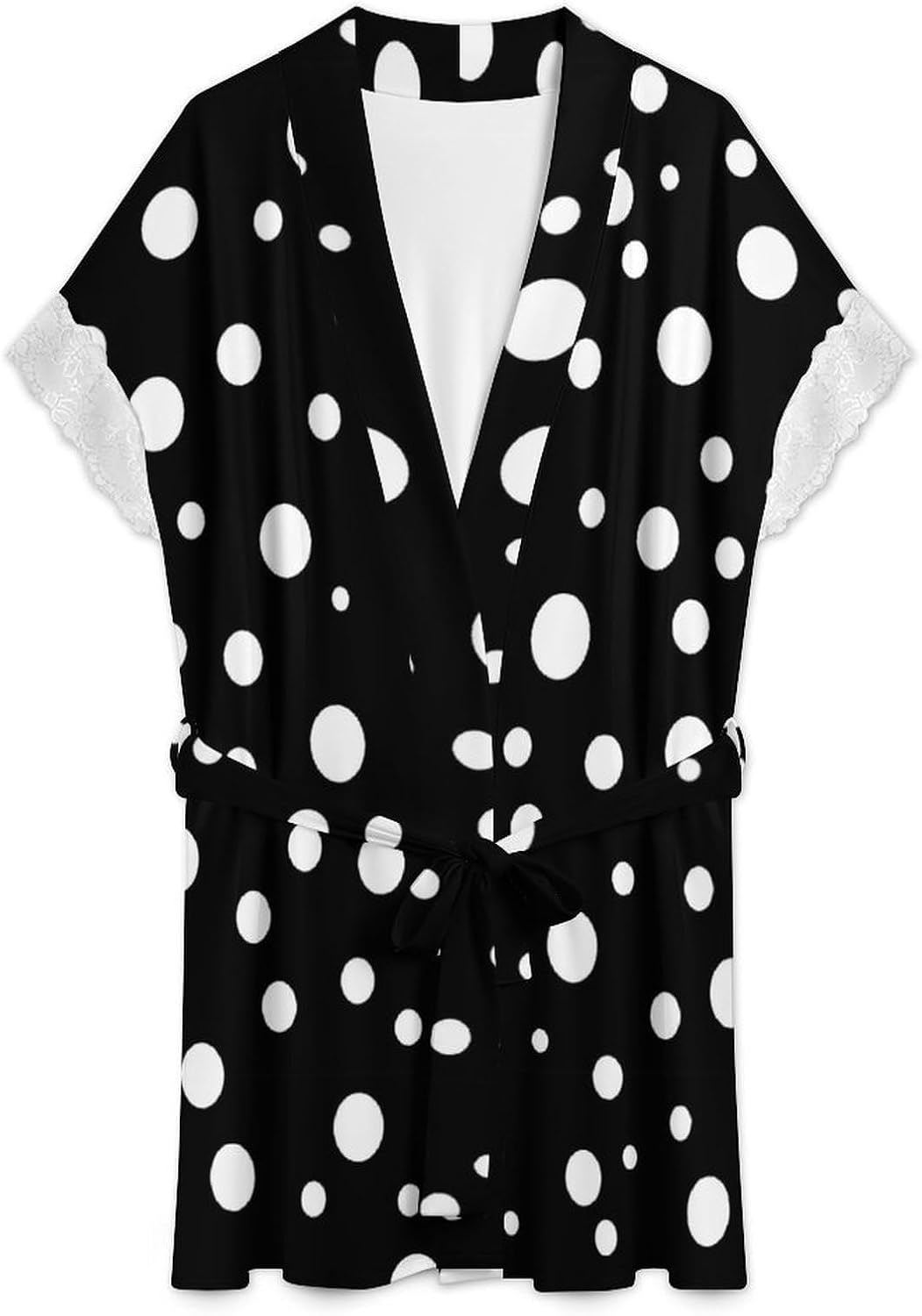 White Black Polka Dot Women Pajama Bathrobe Sleepwear Knee Funny Shawl Gift