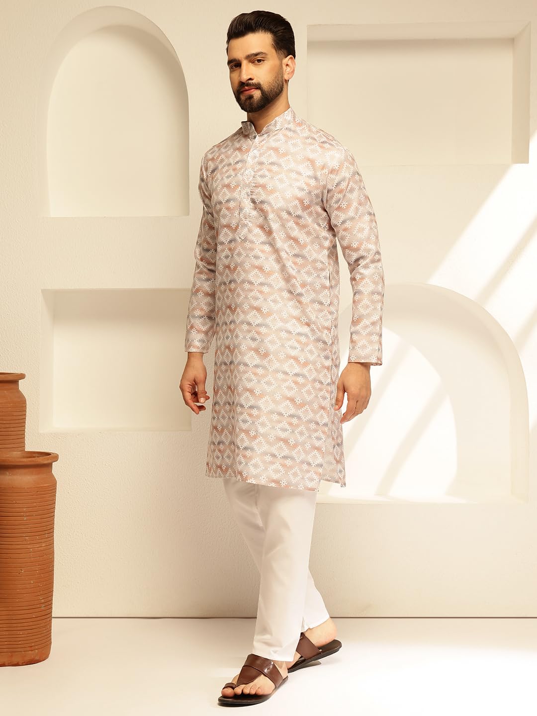 Sojanya (Since 1958 Men's Cotton Linen Self Design Beige Long Kurta