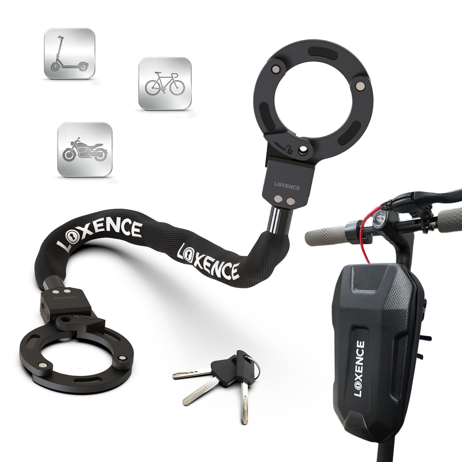 Lucchetto Monopattino Elettrico con Borsa da 3 L Dotata di Supporto | Lucchetto Bici 92 cm con 3 Chiavi, Lucchetto a Manette ad Alta Sicurezza, per Scooter Elettrici, Biciclette