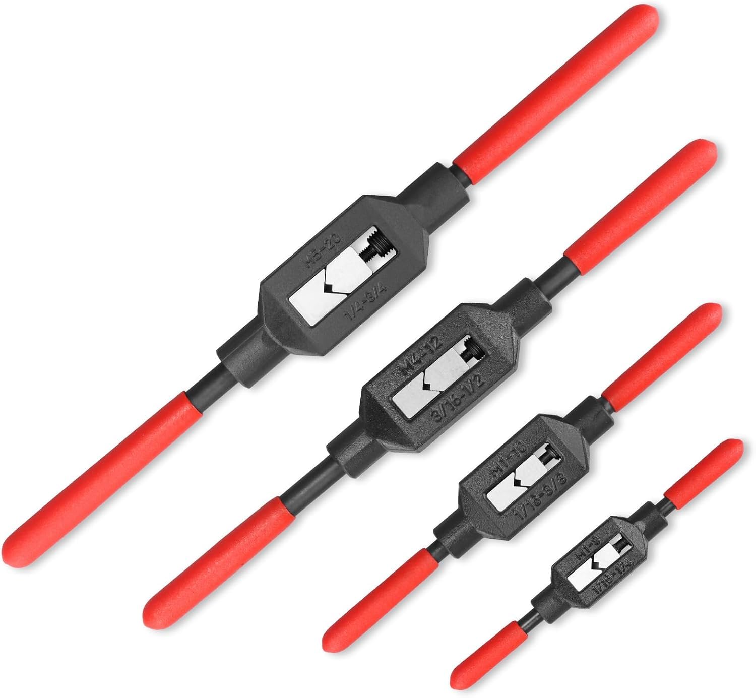 Lot de 4 Clés à Taraud Réglables, Porte-Tarauds avec Poignée Antidérapante en Plastique, Ensemble d’Outils pour Taraudage et Alésage Manuel, Compatible avec Tarauds UNC UNF Métriques de 1/16'' à 3/4''