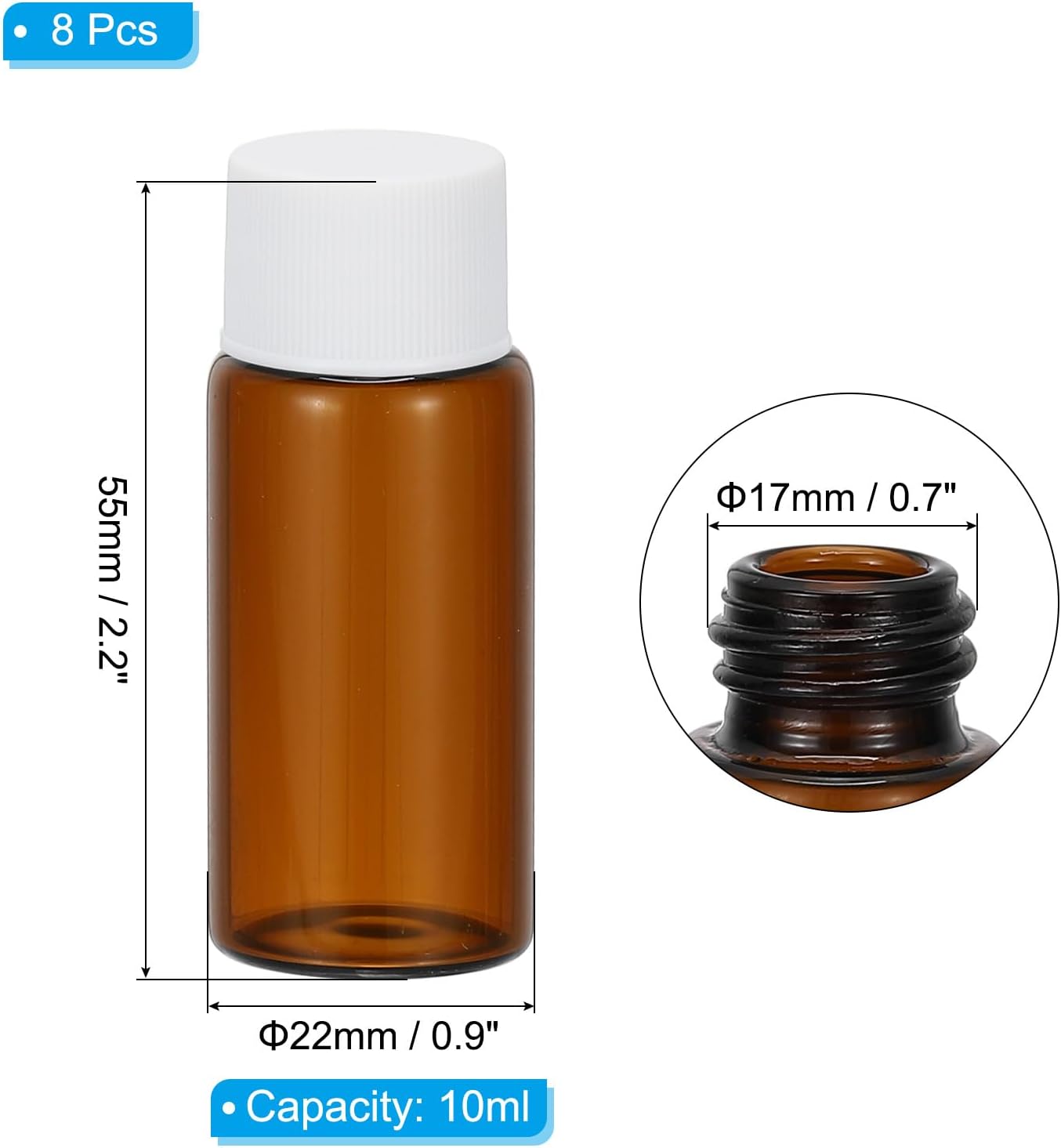 10ml Essential Oil Bottles, 8 Pack Amber Glass Bottles with Orifice Reducer Sample Vial Slim Screw Cap Storage Vials Container, White