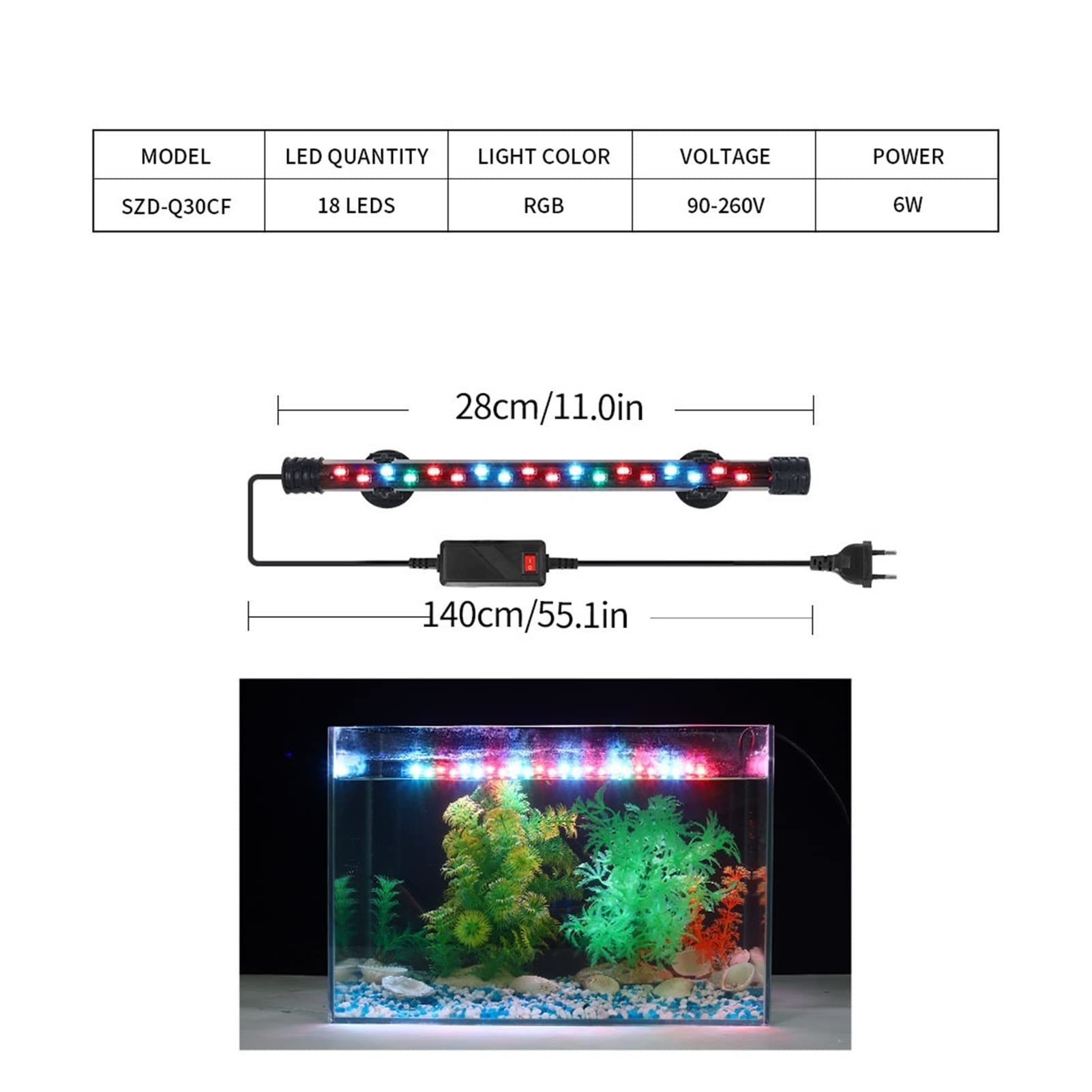 Luz del Acuario Impermeable LED Luz del Tanque de Peces Lámpara subacuática Acuarios Decoración Iluminación Planta Lámpara 58CM (Color : 28cm blr)