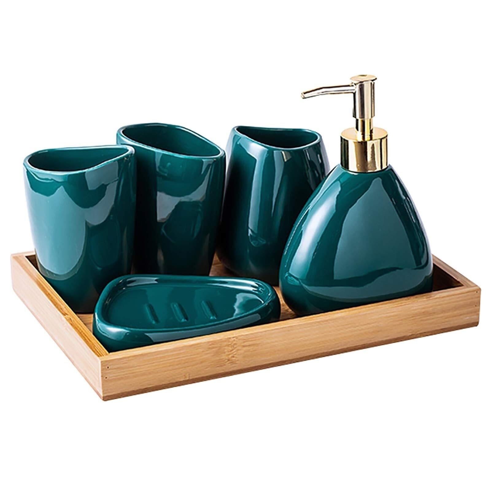 Accesorios baño cerámica 5 piezas con bandeja dorada juego decorativo moderno de sobremesa