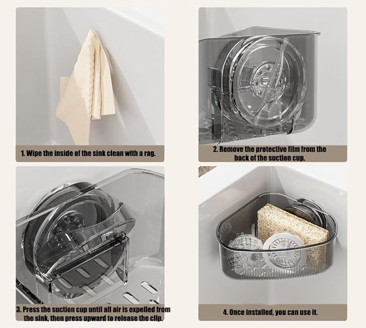 Suction Cup Sink Corner Rack, Plastic Sink Storage Rack Holder, Triangular Sinks Basket, Food Waste Catcher for Sink with Fine Mesh Drain Hole, for Kitchen and Bathroom,All