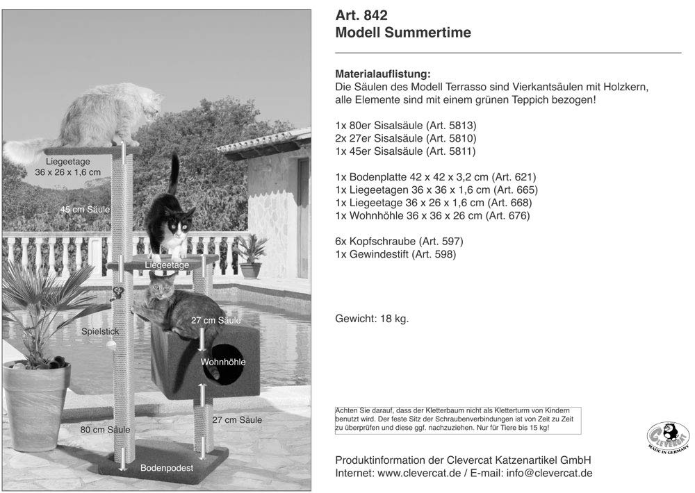 CLEVERCAT Outdoor Kratzbaum Summertime. Ideal für Terasse und Balkon. Spritzwassergeschützt. Vile Platz für Ihren Liebling 842