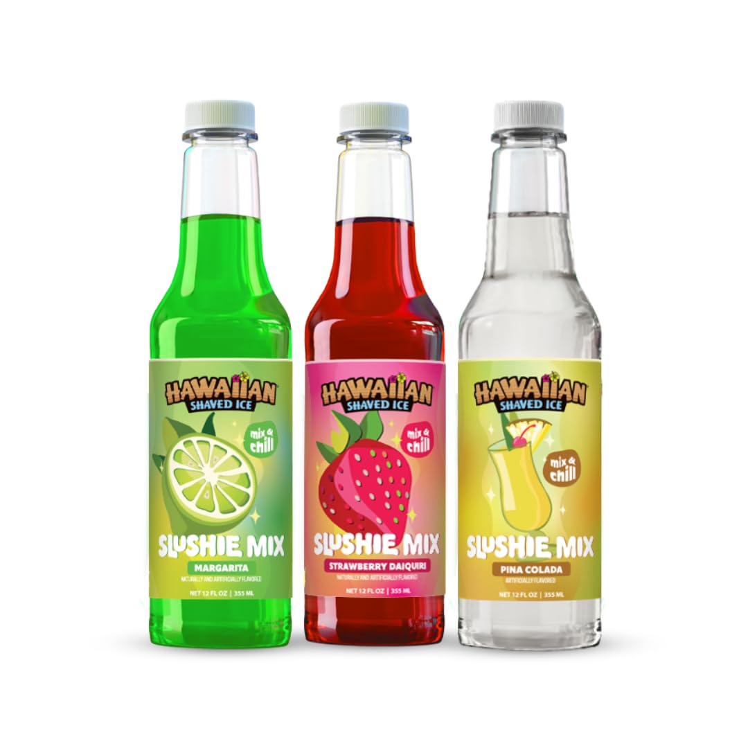 Hawaiian Shaved Ice Slushie Syrups Mix 3-Pack, Strawberry Daiquiri, Pina Colada & Margarita, Perfect for Slushies, Three 12 oz Bottles, Mix with water