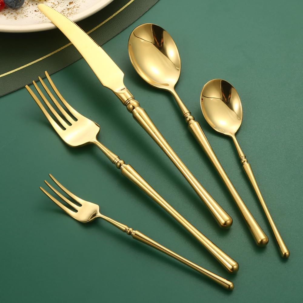 Luce Luminosa Manico Cucina Acciaio Inox Argenteria Stoviglie Posate Set Bistecca Coltello Forchetta Cucchiaio Cucchiaino (Oro,20 pezzi)