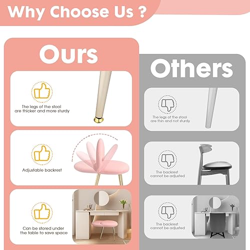 Miniatura 5 de Silla de tocador con respaldo ajustable, taburete de tocador con respaldo, silla multifunción sin brazos para vestir en casa, oficina, cocina,