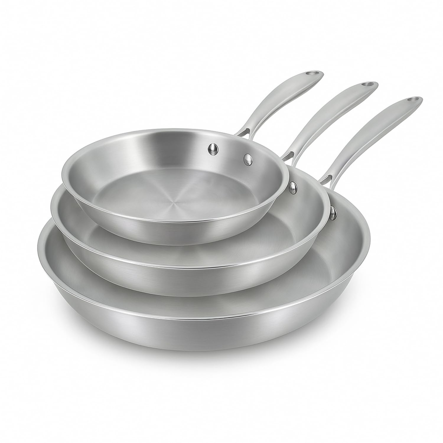 MENASTYL - Lot de 3 poêles inox 18/10 Triply tous feux dont induction fabriquées en France - sans PFAS ni substances nocives - Compatibles lave-vaisselle - 20, 24 et 28 cm - Poignée rivetée - 6014201