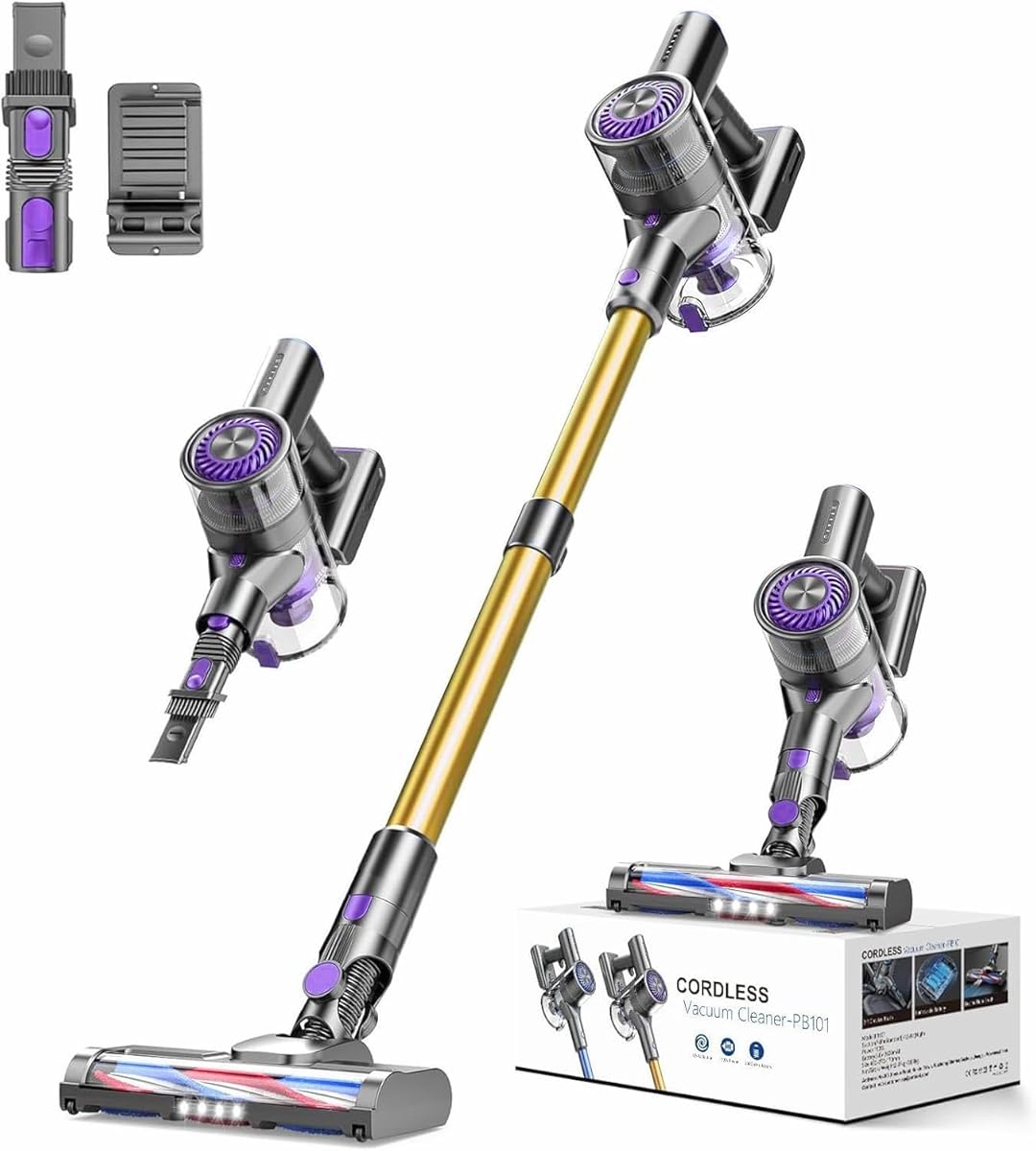 Cordless Vacuum Cleaner, Vacuum Cleaner for Home with 80000 RPM High-Speed Brushless Motor, Up to 40 Mins Runtime, 2 Adjustable Suction, Anti-Tangle, Lightweight Stick Vacuum for Hard Floor (Yellow)