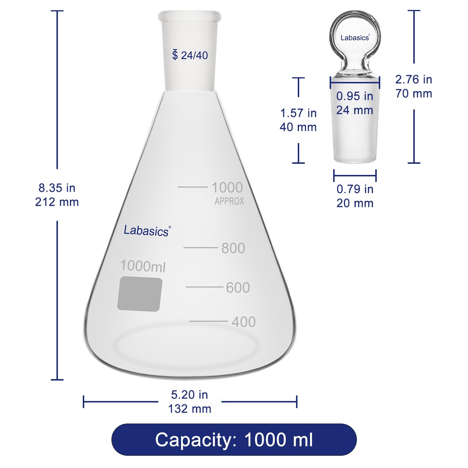 Labasics Matraz Erlenmeyer de Vidrio Borosilicatado con Tapón de Junta 24/40, Matraz Cónico para Mezcla y Almacenaje de Reactivos de Laboratorio, 1000 ml