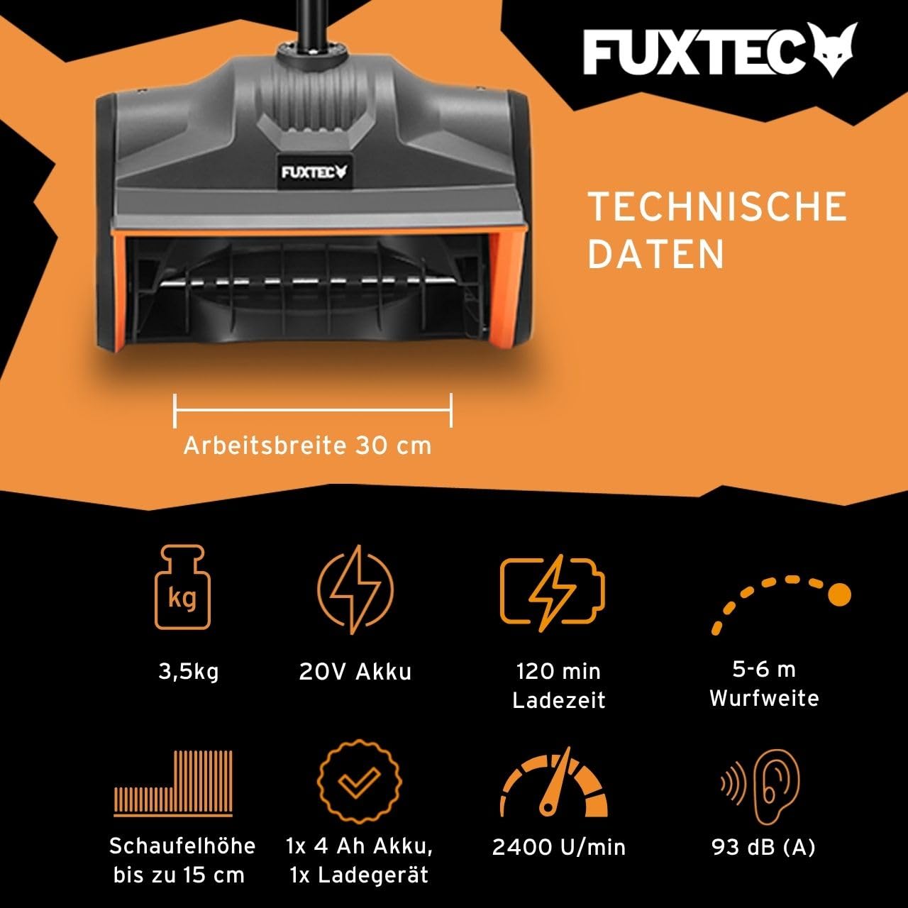 FUXTEC Akku Schneefräse FX-E1SCH20SET, 20V Schneeschaufel elektrisch inkl. 4Ah Akku & Ladegerät, 30cm Arbeitsbreite, 6m Auswurfweite, leichtgewichtig, ideal für Einfahrt, Gehweg, Terrasse