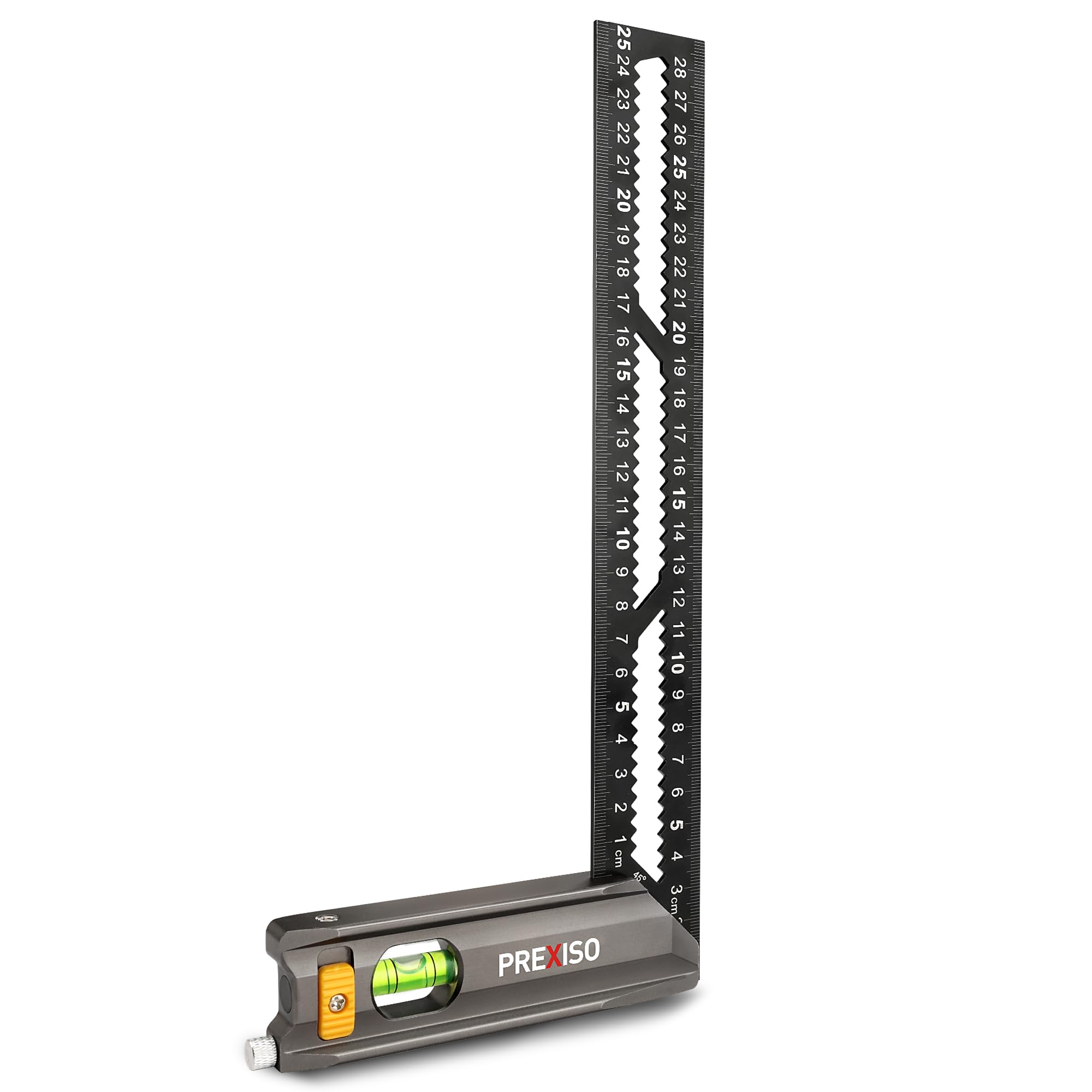 PREXISO Try Square 250 mm, Precision Carpenters Framing Squares for Woodworking, Right Angle Ruler 90° & 45°, Double Sided Metric Scale, Built-in Scriber & Spirit Level