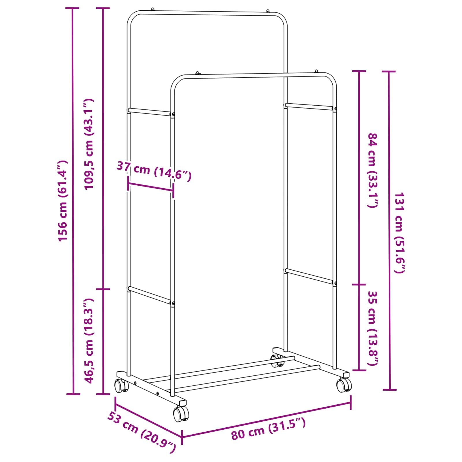 Kleiderständer Kleiderstange Garderobenständer Metall freistehend Schwarz 80 x 53 x 156 cm stabil platzsparend für Schlafzimmer Flur Wohnzimmer mit Rollen tragbar vielseitig