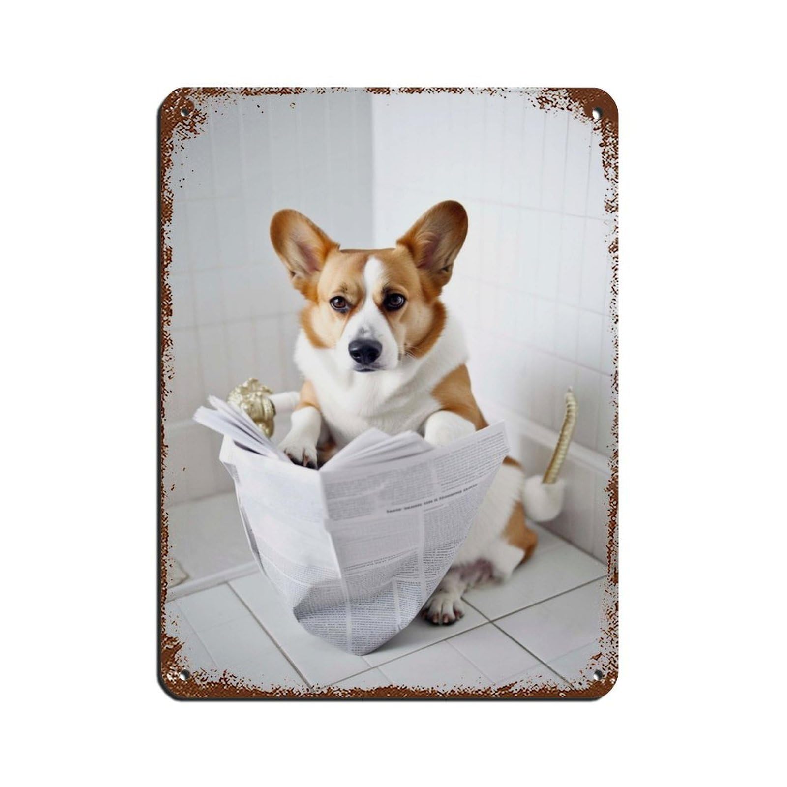 Corgi on Toilet Reading The Newspaper Retro Poster Metal Tin Sign Chic Art Retro Iron Painting Bar People Cave Cafe Family Garage Poster Wall Decoration 12x16inch(30x40cm)