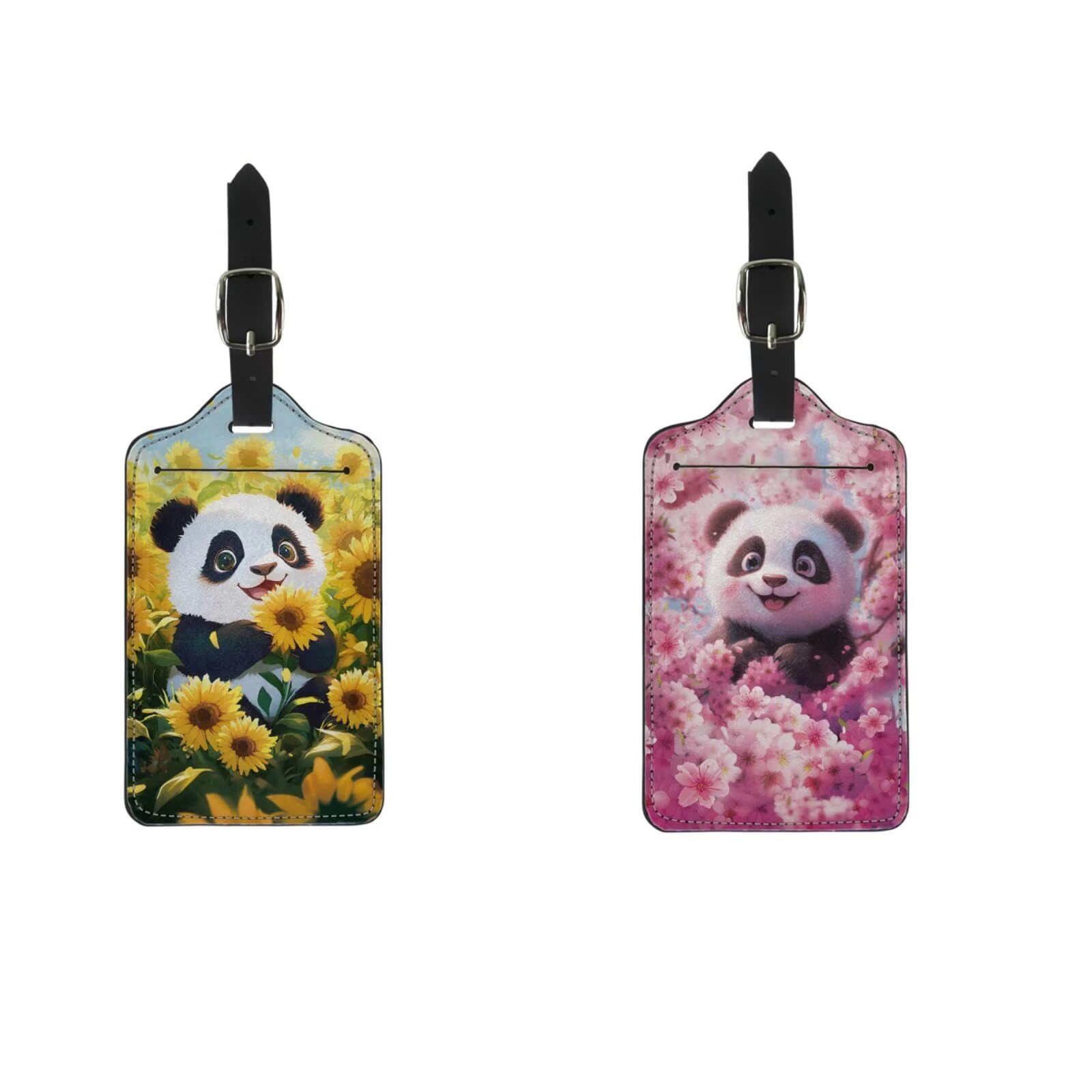 AFPANQZ Cartoon Panda Flowers Personalized Luggage Tags PU Leather Suitcase Labels Colored Bag Travel Accessories Set of 2 ID Cards Credit Cards