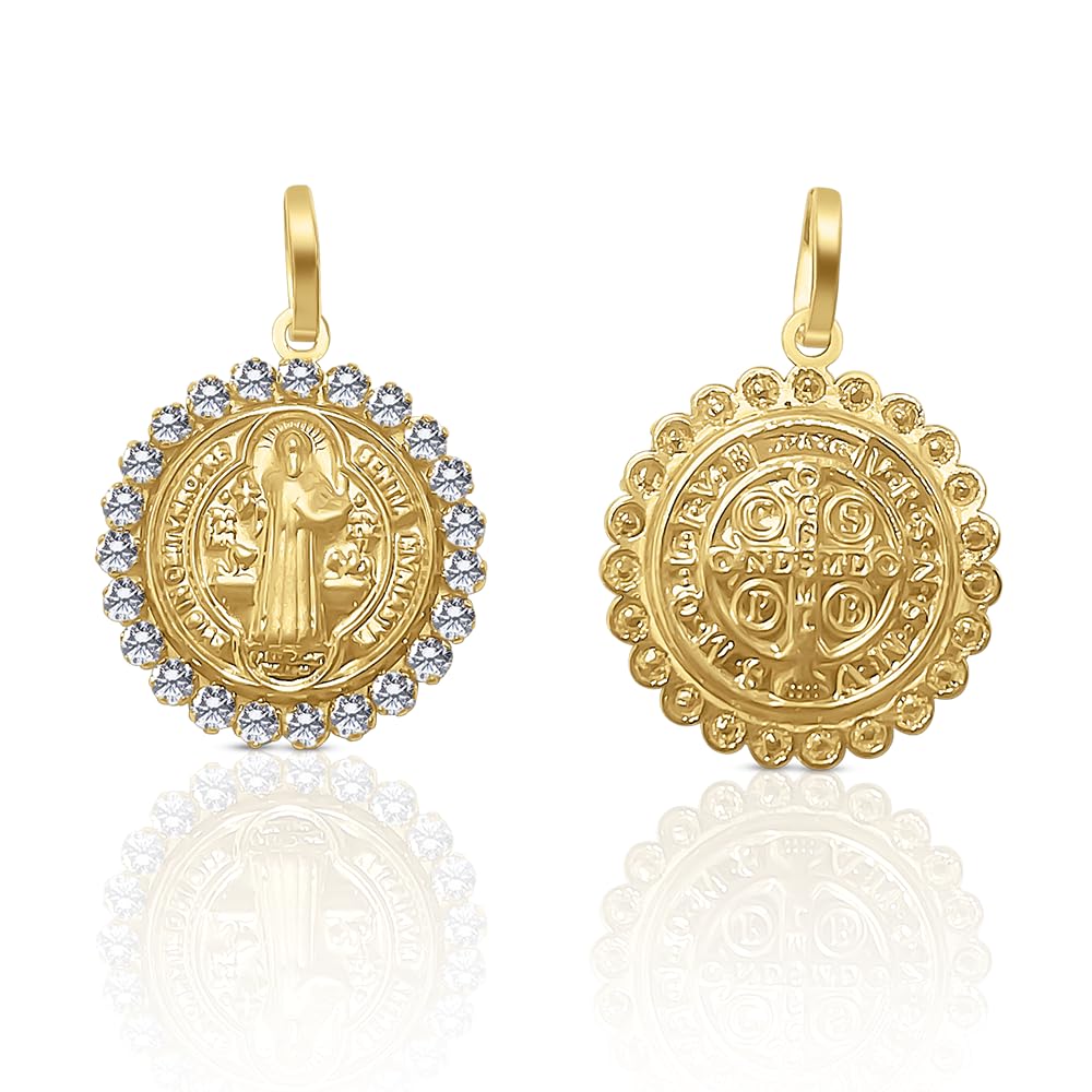 Medalla Colgante San Benito de Oro de Ley con Circones Engastados, Medida 15 mm