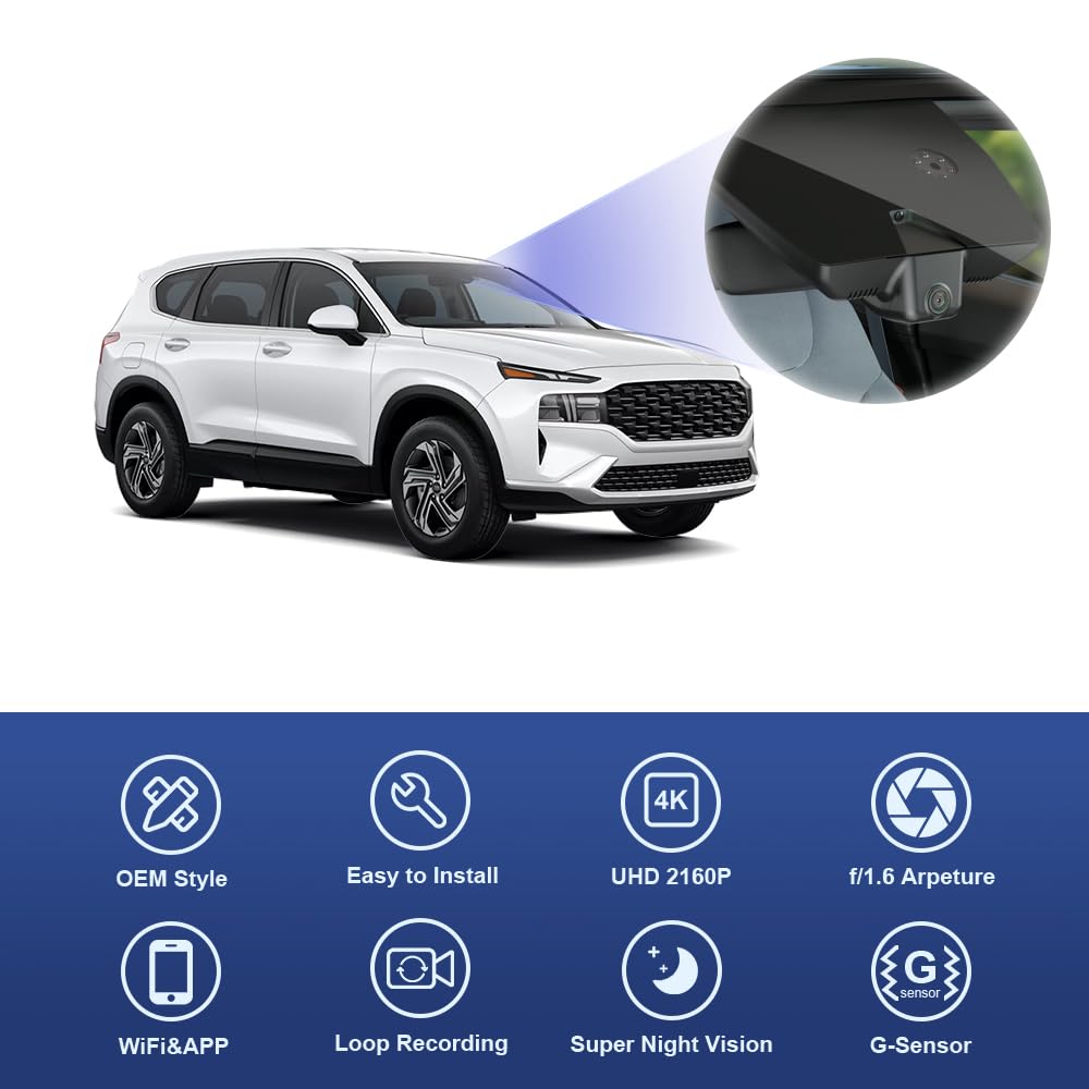 Fitcamx Dashcam Compatible avec Hyundai Santa Fe 2021 2022 2023 (4th Gen), Caméra de Voiture 4K OEM, WiFi UHD 2160P, G-Senseur, Enregistrement en Boucle, WDR Dashcam Voiture, Plug & Play, Carte 64 Go