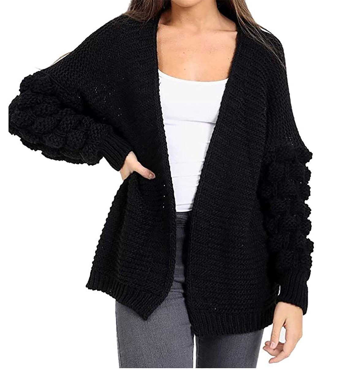 FAIRY BOUTIQUE Womens Chunky Knitted Oversized Baggy Cardigan Bubbles Bobble Sleeve Open Front Cardigan (Black UK 8-10)