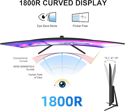 Miniatura 4 de 2K 165Hz Curved Monitor, 27 Inch QHD 2560x1440p 144Hz Gaming Monitor with AMD FreeSync, Flicker-Free, 2X HDMI 2.0, DP 1.4, Ultra-Thin Frameless