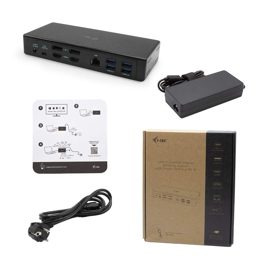 i-tec Stacja dokująca USB-C Quattro do 4 wyświetlaczy z zasilaniem 85 W, 2 x DisplayPort, 2 x HDMI, 1 x GLAN, 5 x USB 3.0, 1 x USB-C, 2 x gniazdo audio i mikrofonu