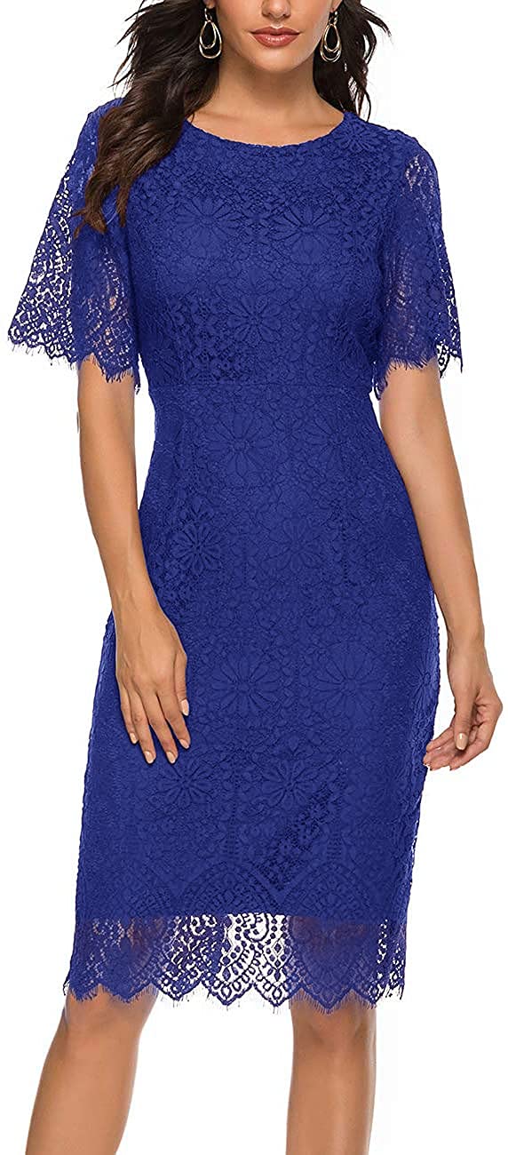 MEROKEETY Women's Short Sleeve Lace Floral Cocktail Dress Crew Neck Knee Length for Party