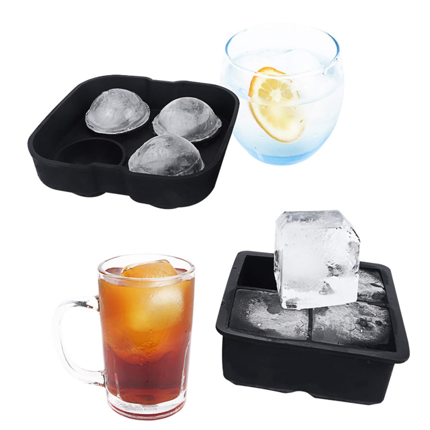 EXCLUZO 2PCS 4 Grids Ice Cube Trays Release Round & Square Shaped Ice Trays with Spill-Resistant Removable Lid Stackable Silicone Ice Cube Molds for Home DIY ChilL-ED Drinks AURH