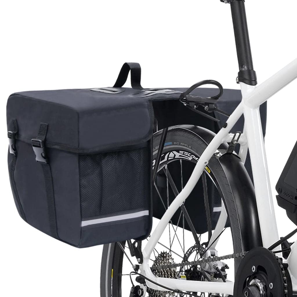 Podwójna torba rowerowa na bagażnik, wodoszczelna, 35 l, poliester 600D, czarna, z odblaskowymi paskami, łatwy montaż, do jazdy na rowerze, trekkingu, MTB, miejskiego roweru