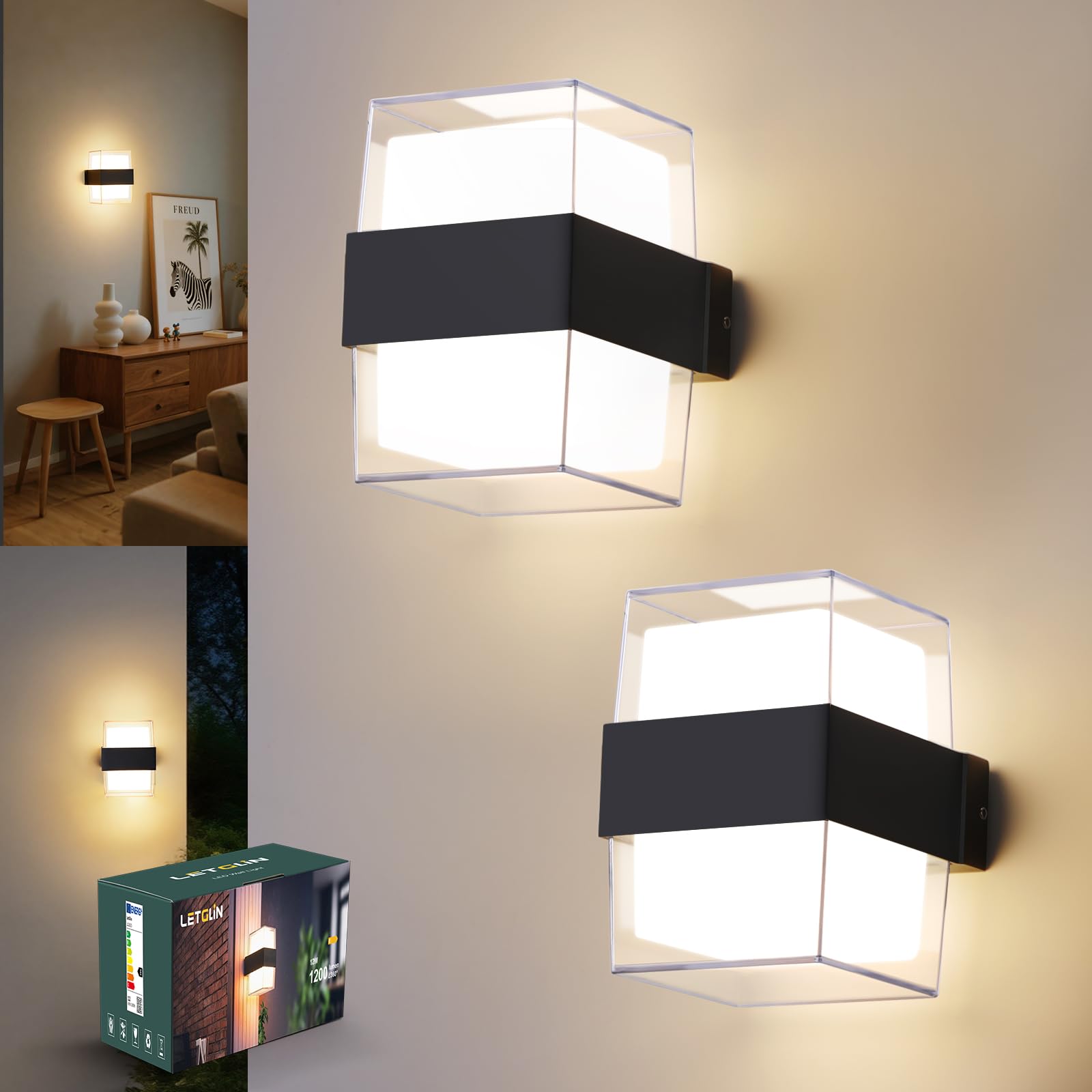 12W Applique da Parete LED Interno, IP65 Lampada da Esterno a Parete Moderna, 1200LM 3000K Up-and-Down Illuminazione, Luce Bagno da Muro per Soggiorno, Camera da Letto, Balcone, Nero 2 Pezzi