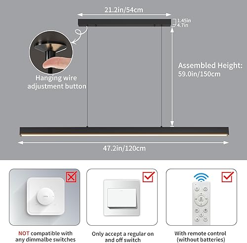 Miniatura 6 de Lámpara colgante lineal LED moderna, lámpara de techo de 47 pulgadas con control remoto de 3000K-6500K temperatura de color ajustable luz de isla