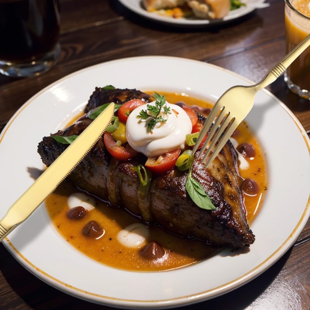 Besteckset aus Edelstahl, 20-teilig, bunt, mit horizontal gestreiftem Griff, Besteckset mit Steakmesser, Gabel, Löffel und Teelöffel für Küche und Esszimmer (Silber)