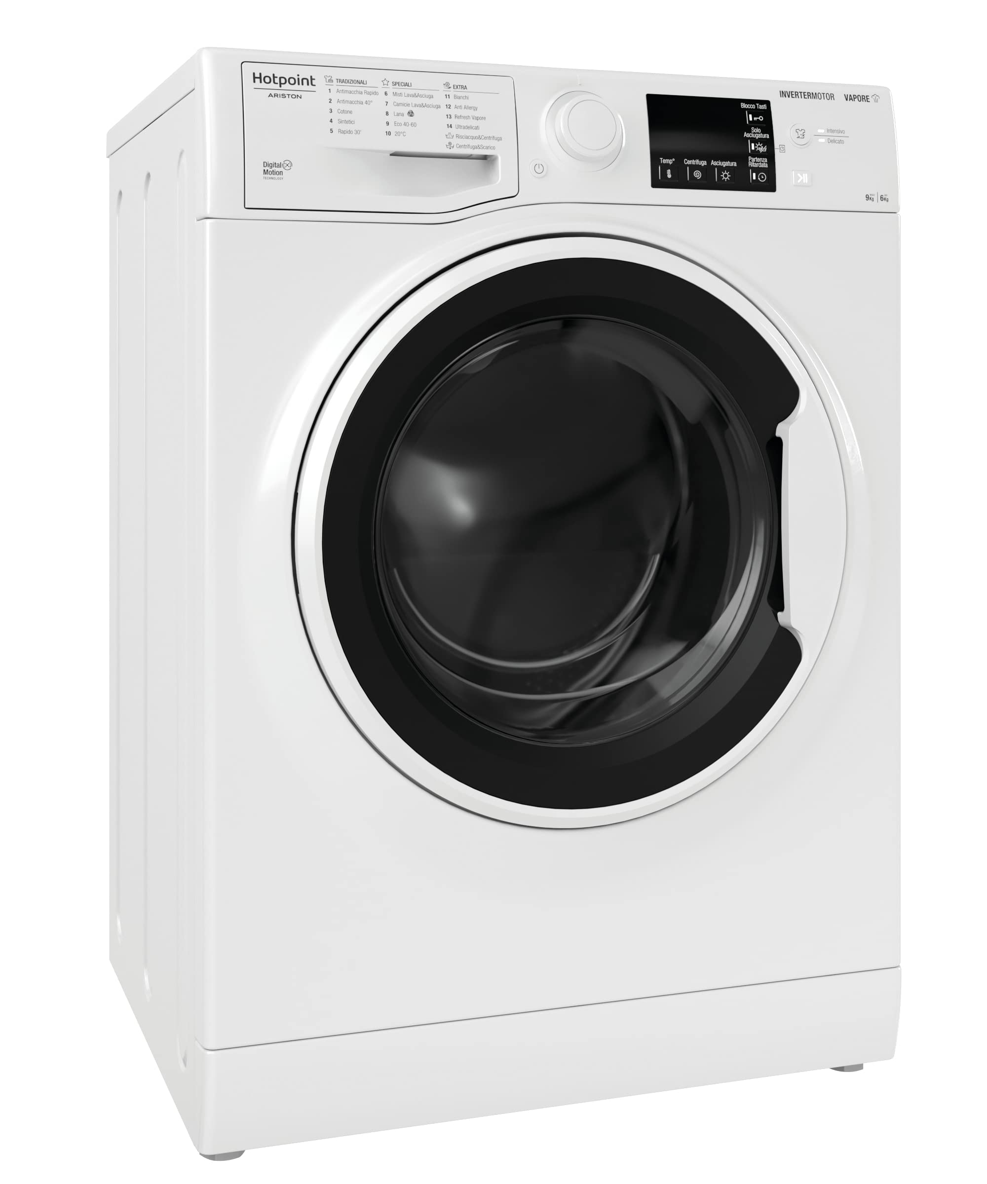 Hotpoint NDB 96443 W IT N Lave-linge 9 kg Charge avant, Libre installation. Centrifugeuse 1400 tours par minute Largeur 59,5 cm, Profondeur 54 cm, Hauteur 85 cm, Classe énergétique E