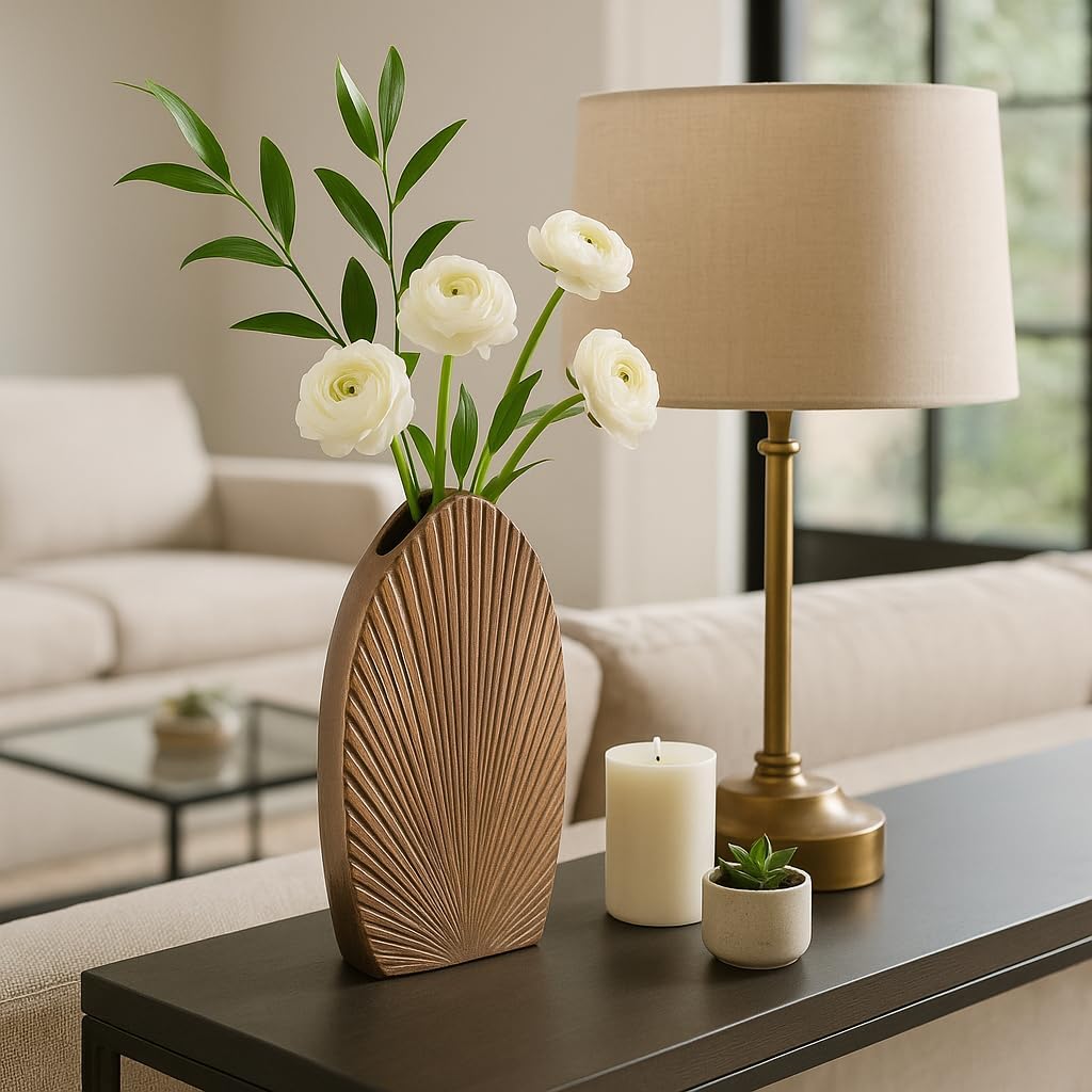 Elegant Ribbed Metal Vase for Living Room Decor - Decorative Flower Vase for Bedroom, Office, and Home Decor - Stylish Sculptural House Vase for Room, Tabletop, or Centerpiece Accent - 14" Champagne