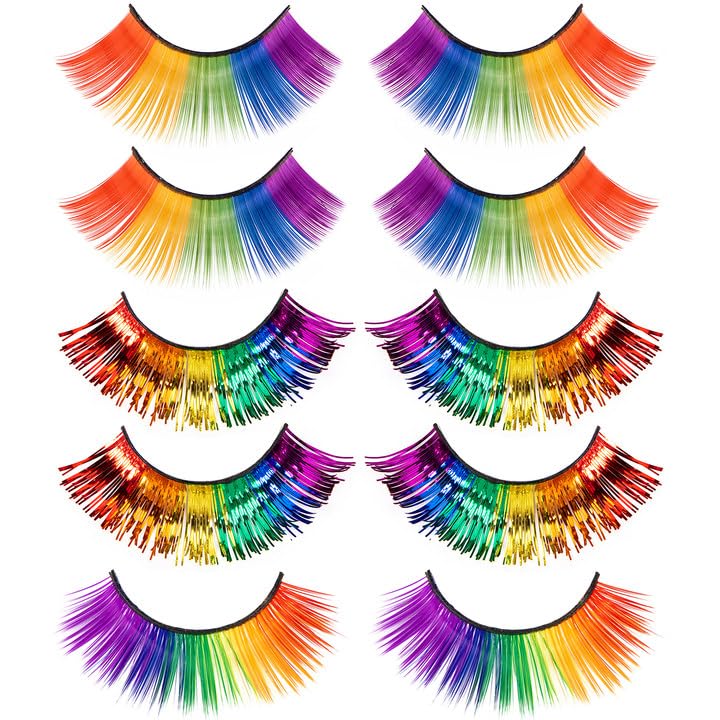 Wehhbtye 5 Pairs 3D Rainbow Lashes, 3 Styles Pride Tinsel Eyelashes, Colored Eye Lashes Strips for LGBTQ Halloween Rave Cosplay Costume Party Makeup