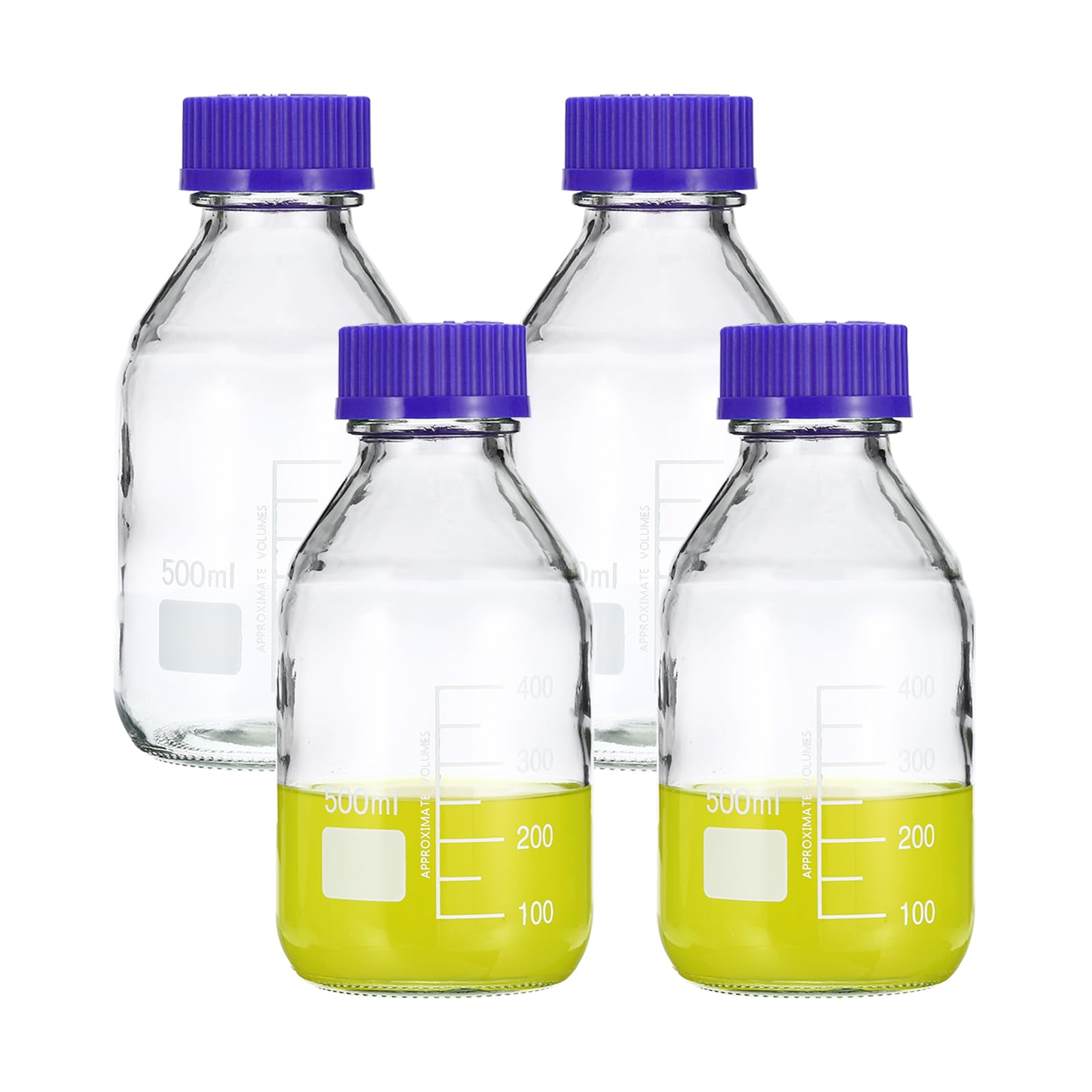 PATIKIL 4 Pack Reagent Media Storage Bottles, 500ml Borosilicate Glass Graduated Round Bottles with GL45 Blue Screw Cap for Lab Water Reagent Liquids, Clear