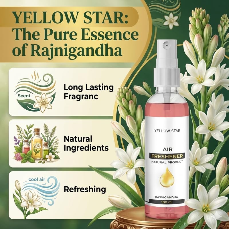 Image of YELLOW STAR Room Air Freshener Spray, Rajnigandha Fragrance (100ml) | Long Lasting Tuberose Floral Room Freshener for Home & Pooja Room | Odour Neutralizer