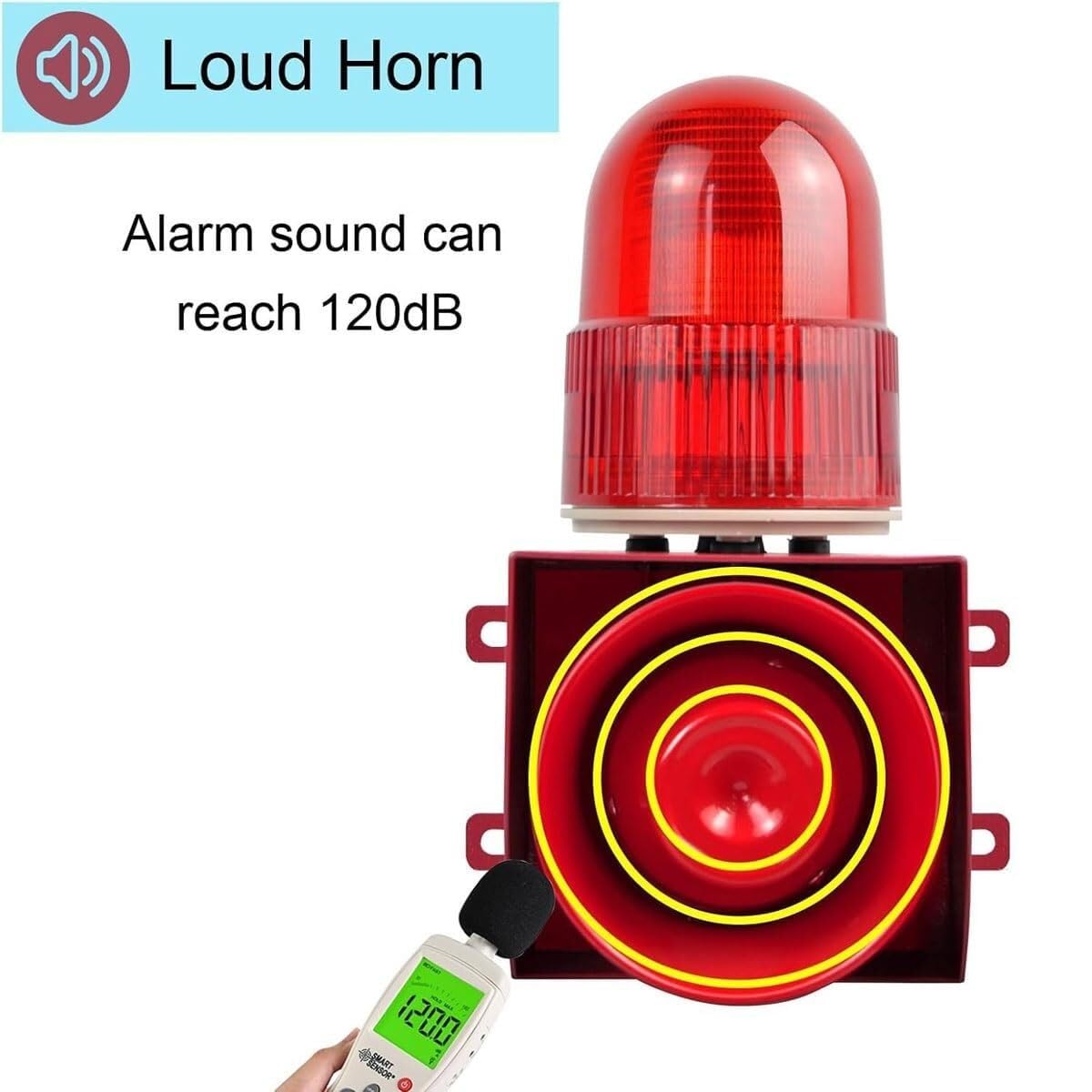 Sirena de Alarma Industrial con luz estroboscópica LED, avisador acústico y Luminoso Impermeable IP65 para Exterior, grúa, Carretilla y almacén, Sonido Ajustable 0-120 dB con Caja de Control