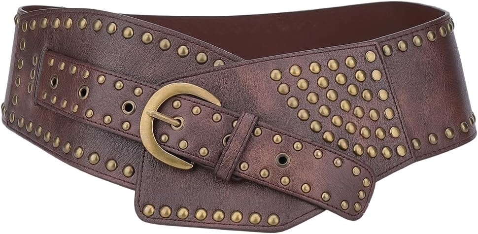 Black Wide PU Leather Western Waist Belt Boho Vintage Punk Chunky Antique Bronze Alloy Rivets Conchos Waistband