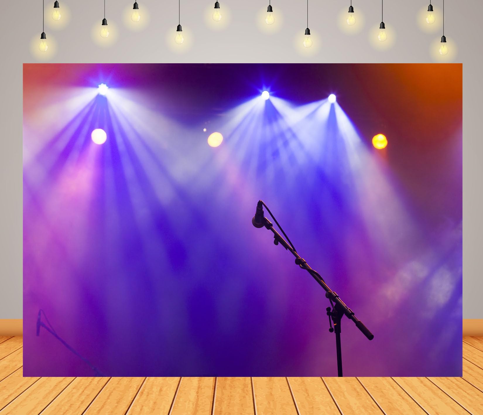12x10FT (3.6x3m) Palco Vuoto Con Microfono E Faretti Sfondo Fotografico | Locale Per Spettacoli Live Fondale In Tessuto,Microfono In Piedi Raggi,Per Feste Musicali E Ritratti Della Band,Photo Booth