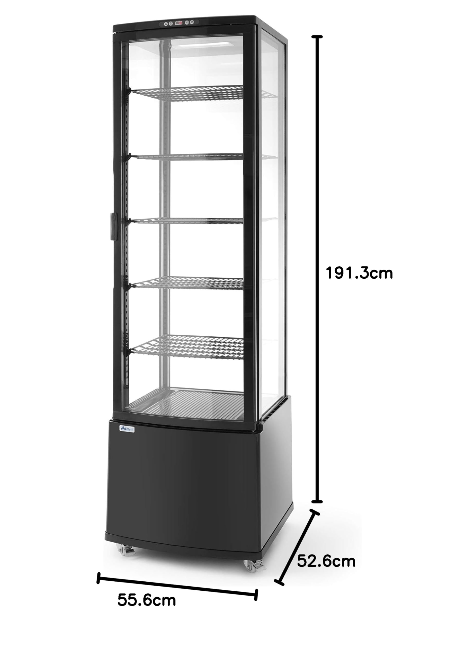 HENDI Vitrina expositora refrigerada, descongelación automática, sistema antivaho, 5 estantes regulables, iluminación LED, 270L, 0 a 6°C, 230V, 290W, 556x526x(H) 1913mm, ABS, negro