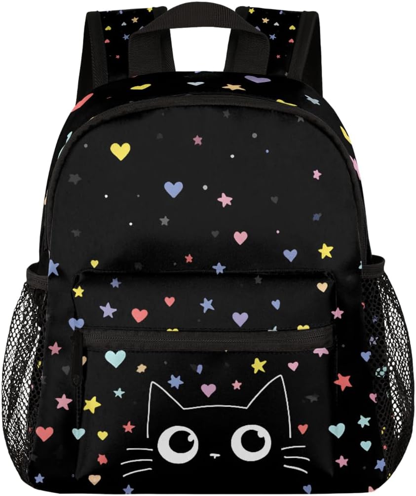 Cute Black Heart Cat Kids Backpacks for Boys Girls, Cute Toddler Backpack Preschool Kindergarten Elementary School Backpack Lightweight Mini Shoulder Bookbag Casual Daypack with Chest Strap,A-23
