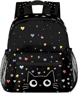 Cute Black Heart Cat Kids Backpacks for Boys Girls, Cute Toddler Backpack Preschool Kindergarten Elementary School Backpack Lightweight Mini Shoulder Bookbag Casual Daypack with Chest Strap,A-23