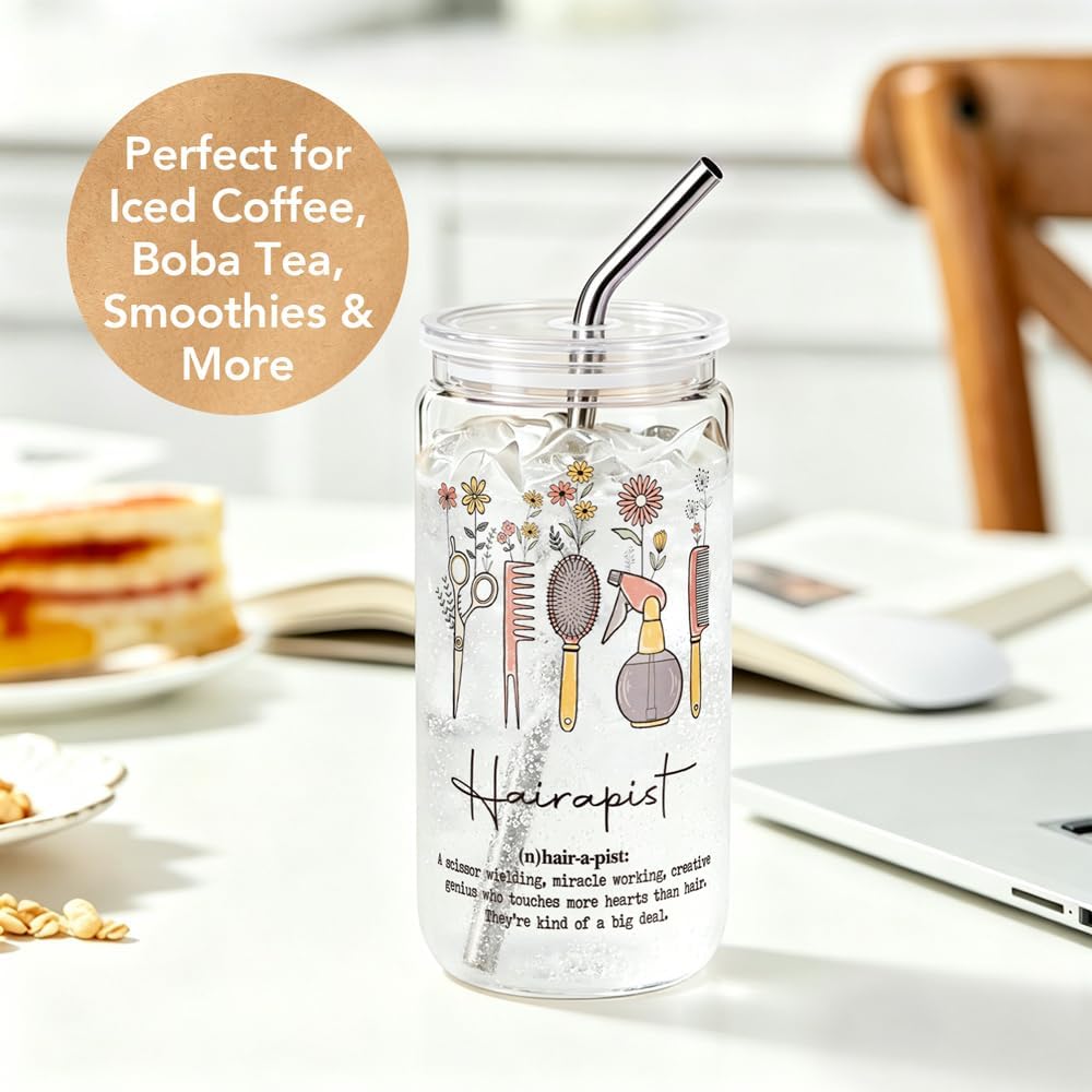 Hairstylist Gifts for Women 16Oz Glass Cups with Lids & Straws, Hair Salon Gifts for Women, Graduation Appreciation Birthday Gifts for Hair Stylist Cosmetologist, Wildflower Hairdresser Coffee Cup