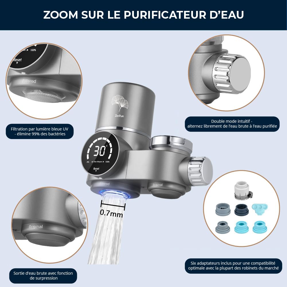 Zen Pure – Filtre Eau Robinet LED | Purificateur d’Eau Potable | Anti-Calcaire | Charbon Actif | 6 Étapes | Installation 30s | Cartouche Remplaçable – UniversZen