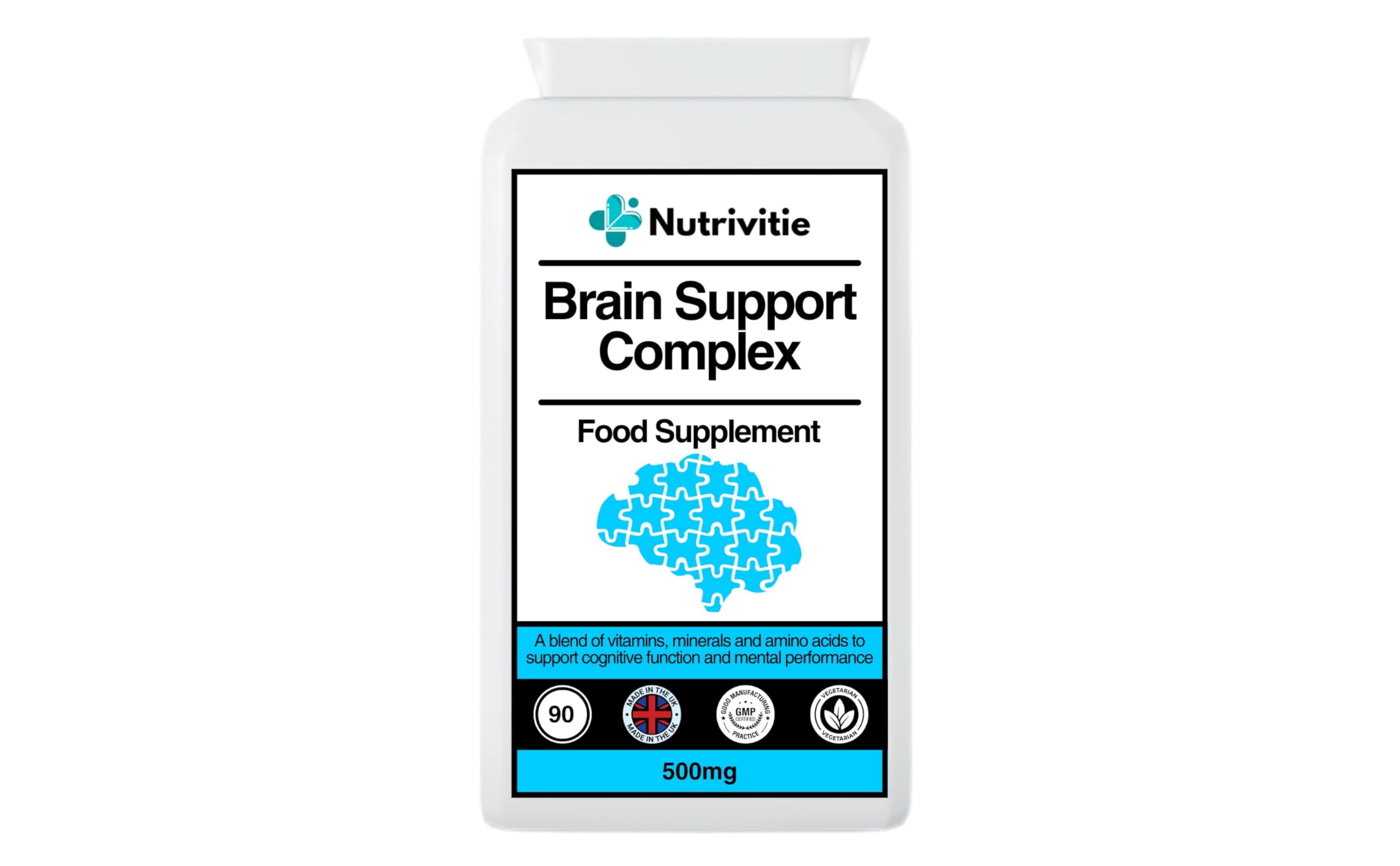 Brain Support Complex - 90 Capsules | Cognitive Function, Memory & Focus Support | 3-Month Supply | Supplement for Vegetarians | Made in The UK by Nutrivitie