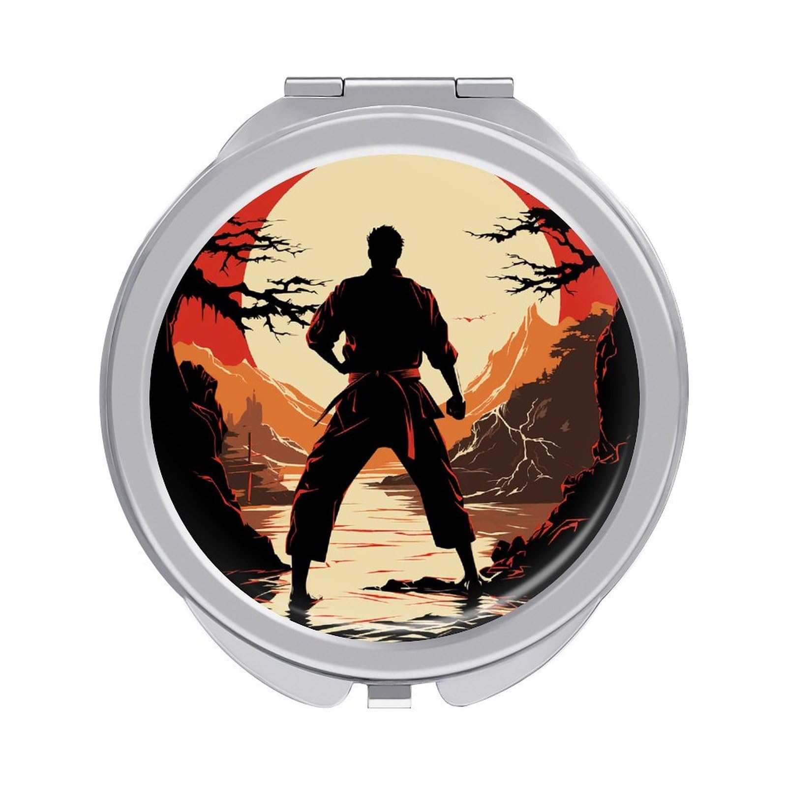 Fekiloot Men's Style Karate Travel Makeup Mirror Handheld Compact Mirror Portable Pocket Mirror Double-Sided 1X/2X Magnifying For Handbag And Purses